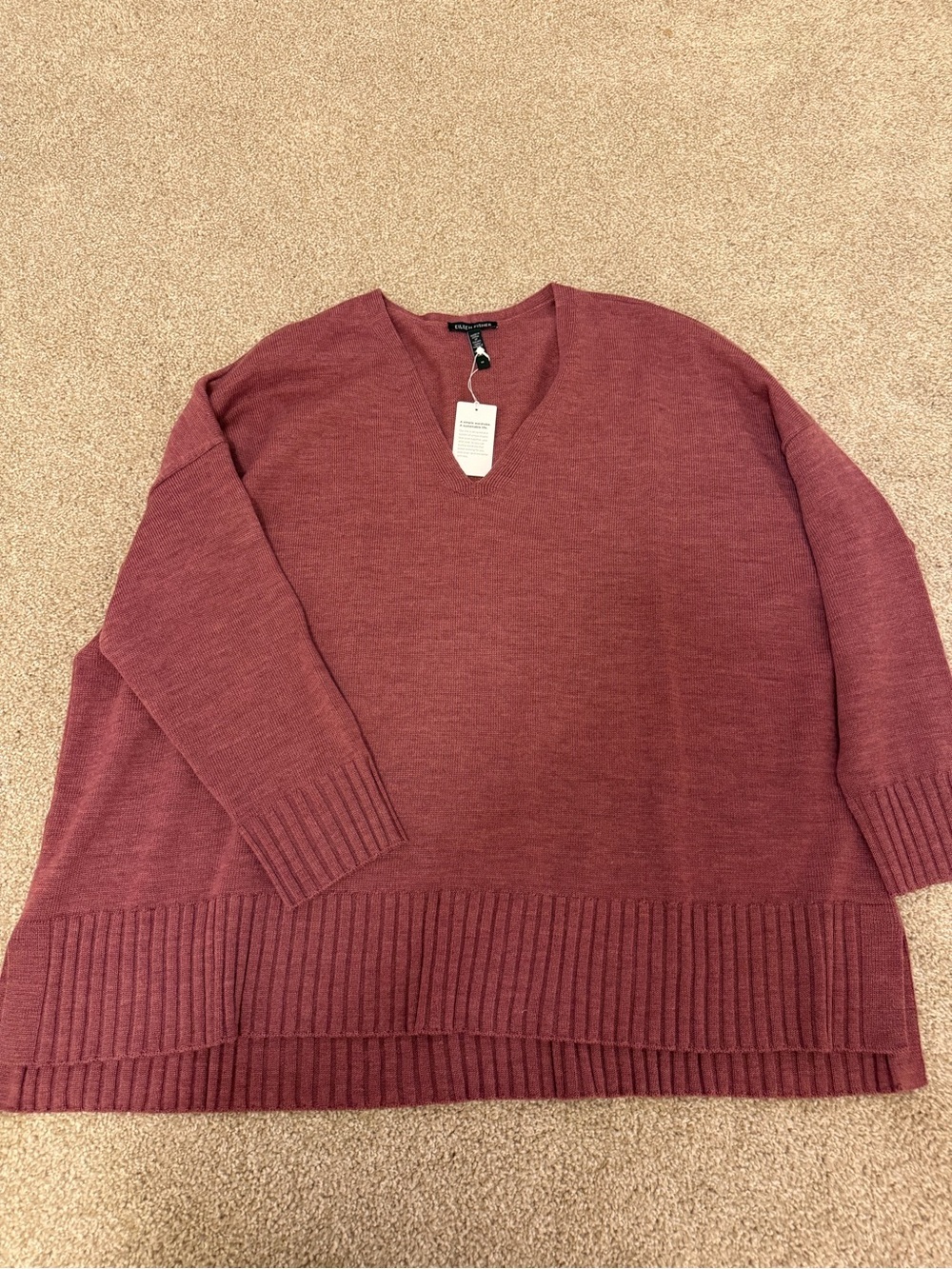 Eileen Fisher Sweater Womens Large Purple Merino Wool V Neck Box Top Knit 1X NWT